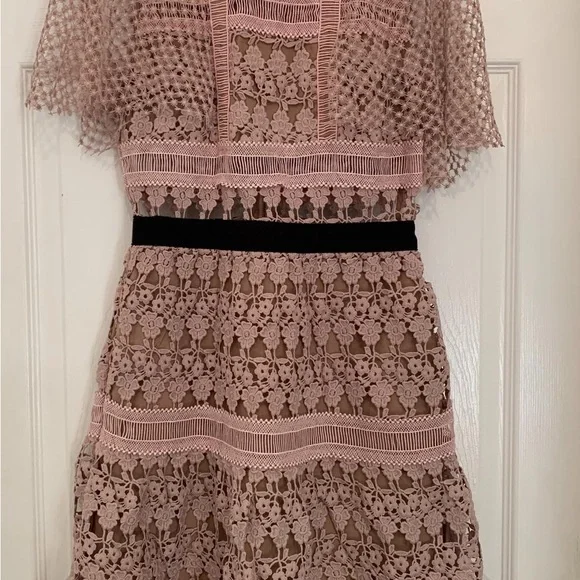Self-Portrait Blush Pink Crochet Mini Dress (above the knee)with Contrast Collar - Picture 5 of 10